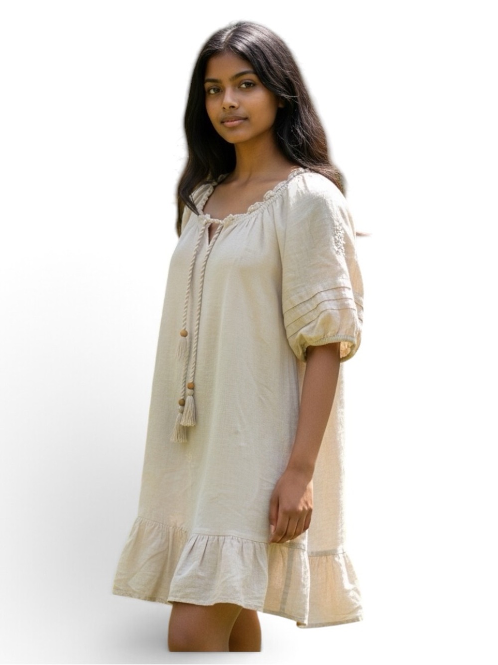 Mlle Gabrielle Linen Blend Cream Boho Tie-Neck Mini Dress Size Small